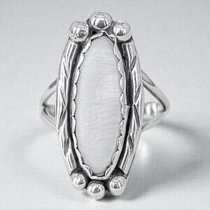 Vintage 925 Silver Abalone Shell Ring Boho Beach Iridescent Statement